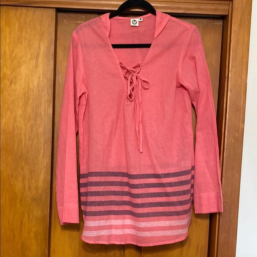 Lagaci Bright Pink Top Tunic Top Stripes Hoodie Lace Up Long Sleeve 100% Cotton
